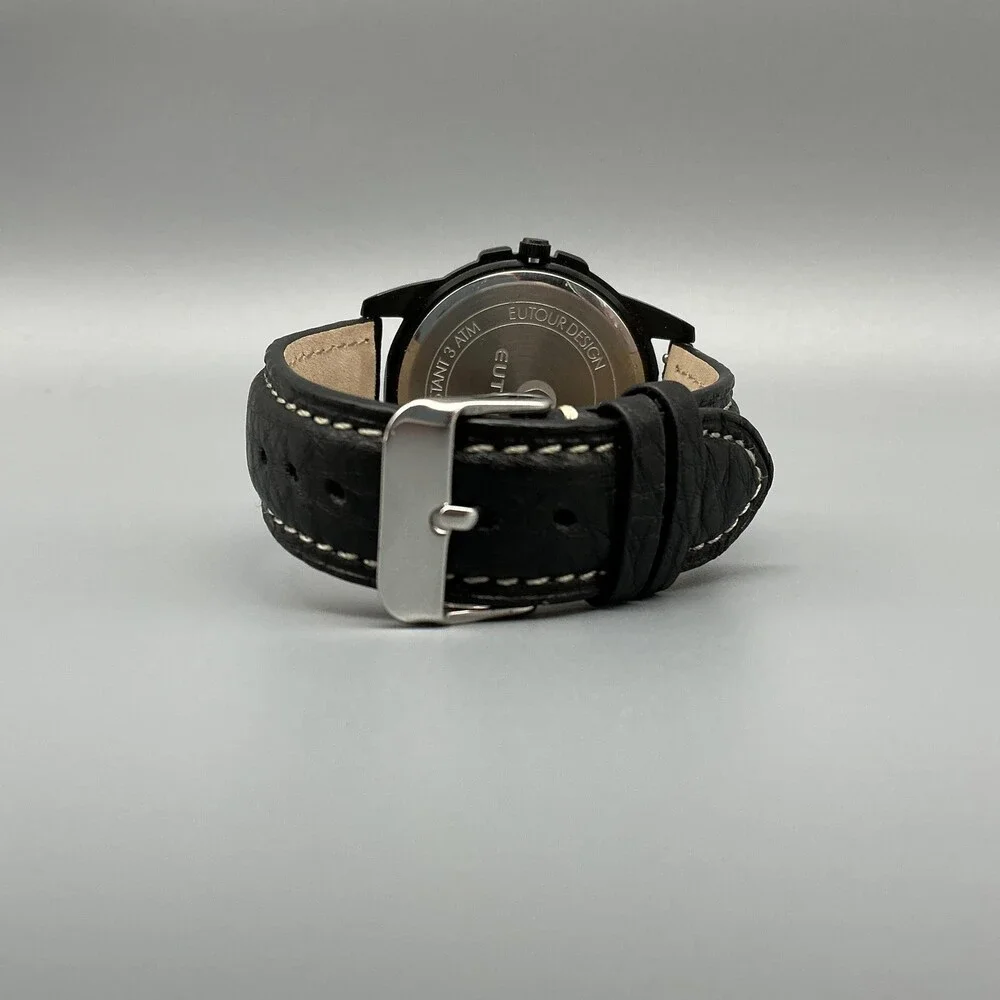 EUTOUR Mens Watch 40mm Black Dial Black Leather Magnetic Ball New Battery